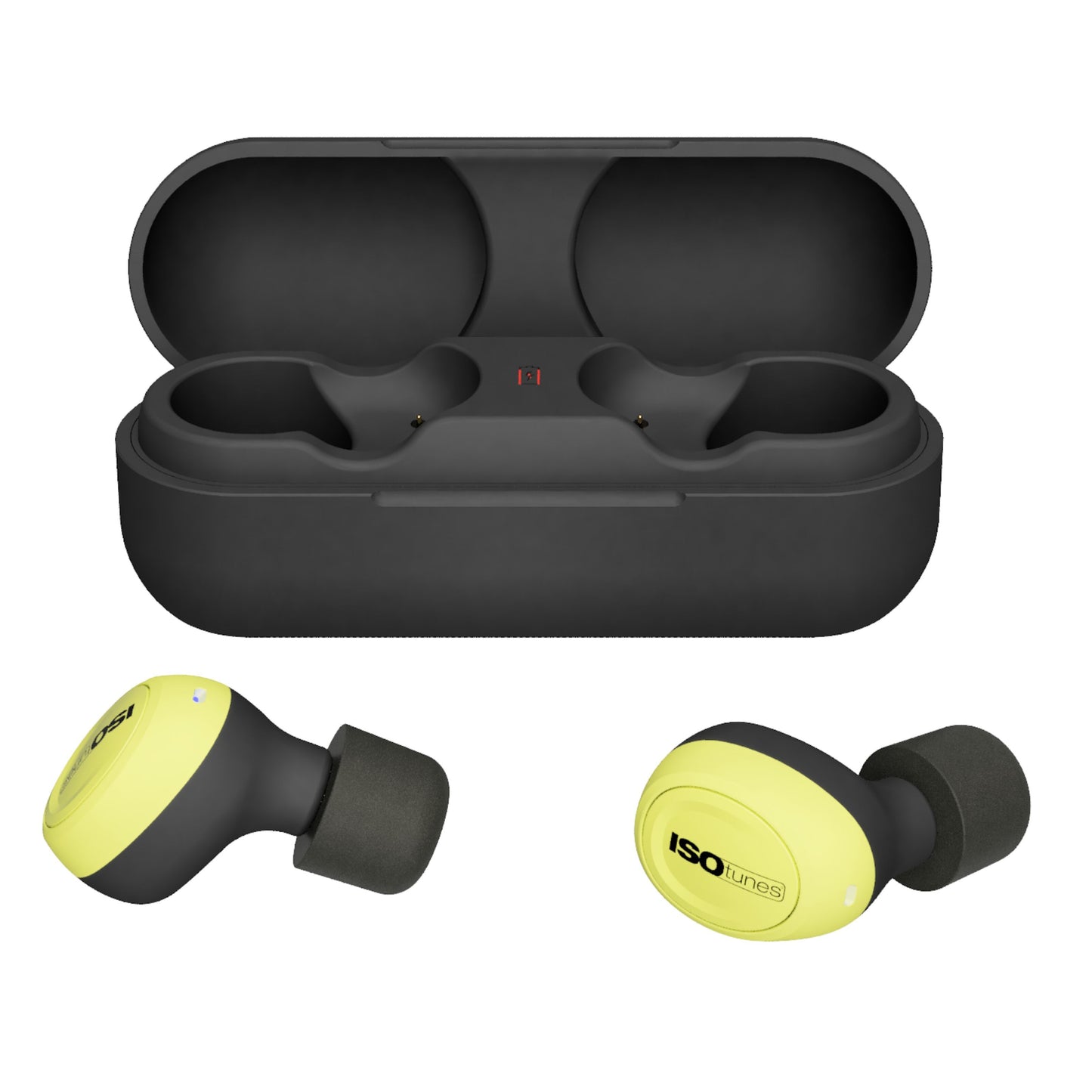 Isotunes Free 2.0 gule og sorte Bluetooth høreværn med skumpropper, foran sort opladeetui med to øreprop-pladser.