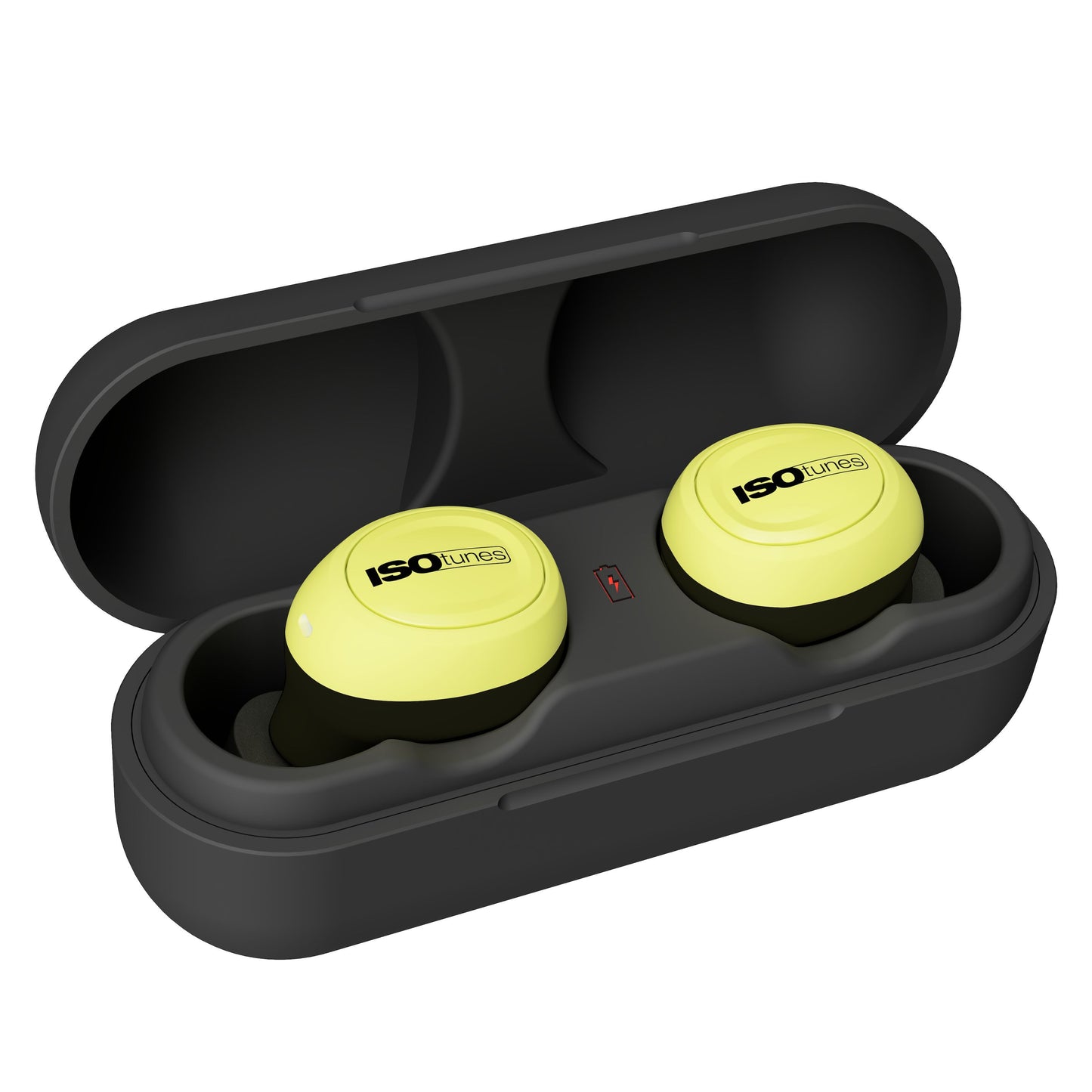 Isotunes Free 2.0 gule Bluetooth høreværn i sort opladeetui med central ladeindikator.