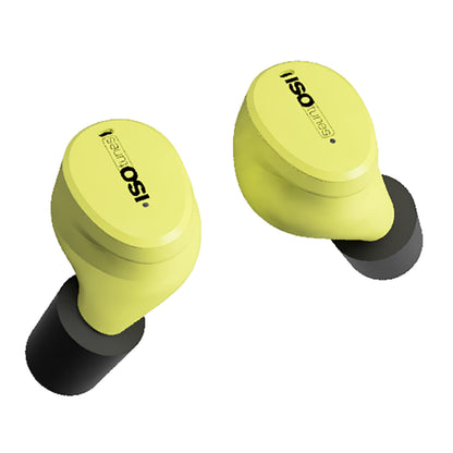 Isotunes Free Aware gule in-ear høreværn med Bluetooth og sorte ørepropper, Isotunes logo på ørepropperne.