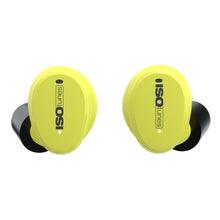 Isotunes Free Aware gul in-ear høreværn med Bluetooth og sorte ørepropper.