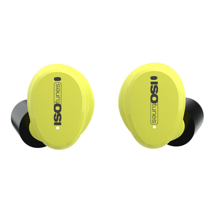 Isotunes Free Aware gul in-ear høreværn med Bluetooth og sorte ørepropper.