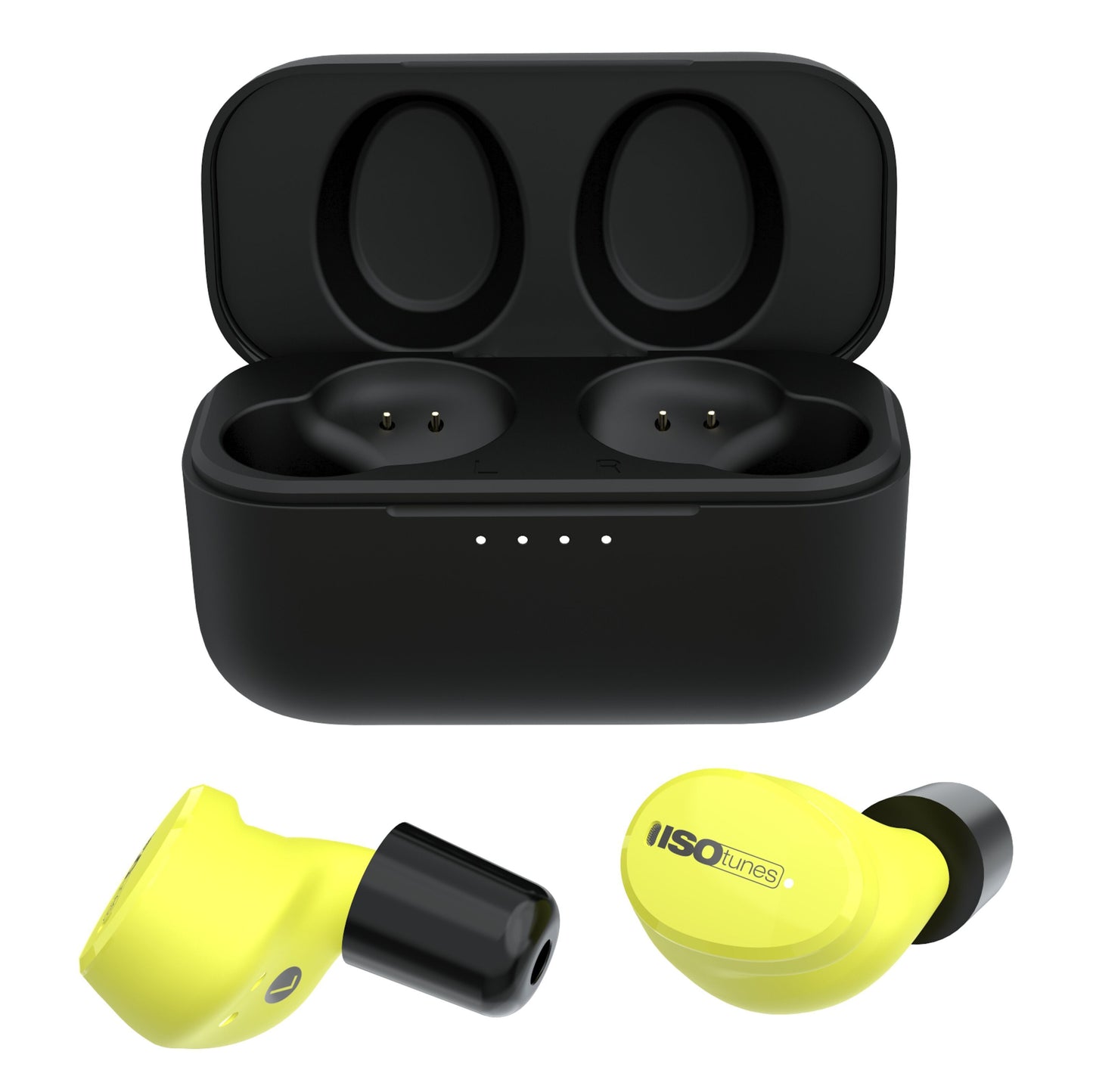Isotunes Free Aware gule/sorte trådløse høreværn med Bluetooth, Isotunes-logo, åben sort opladeetui med LED-lys og to pladser.