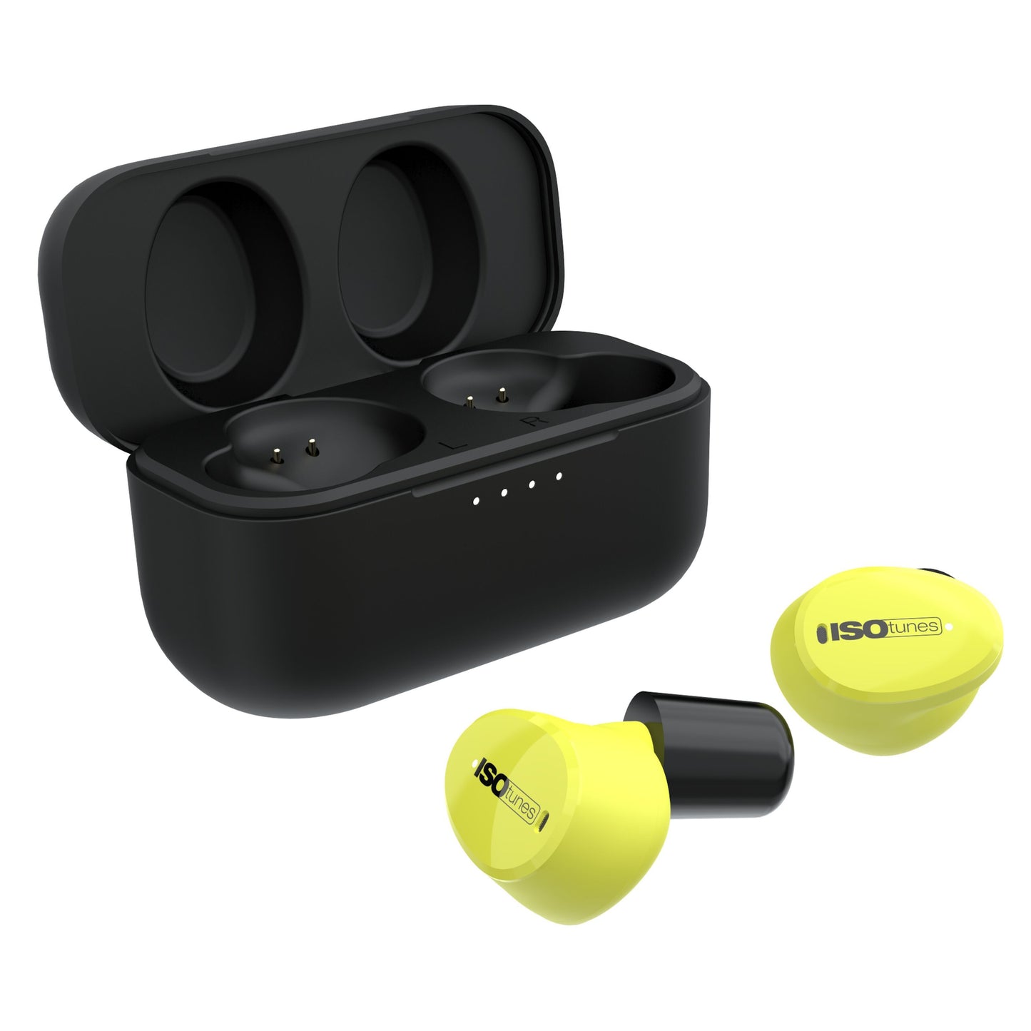 Isotunes Free Aware gul/sort Bluetooth høreværn ved siden af åben sort opladeetui med to øreprop-slots.