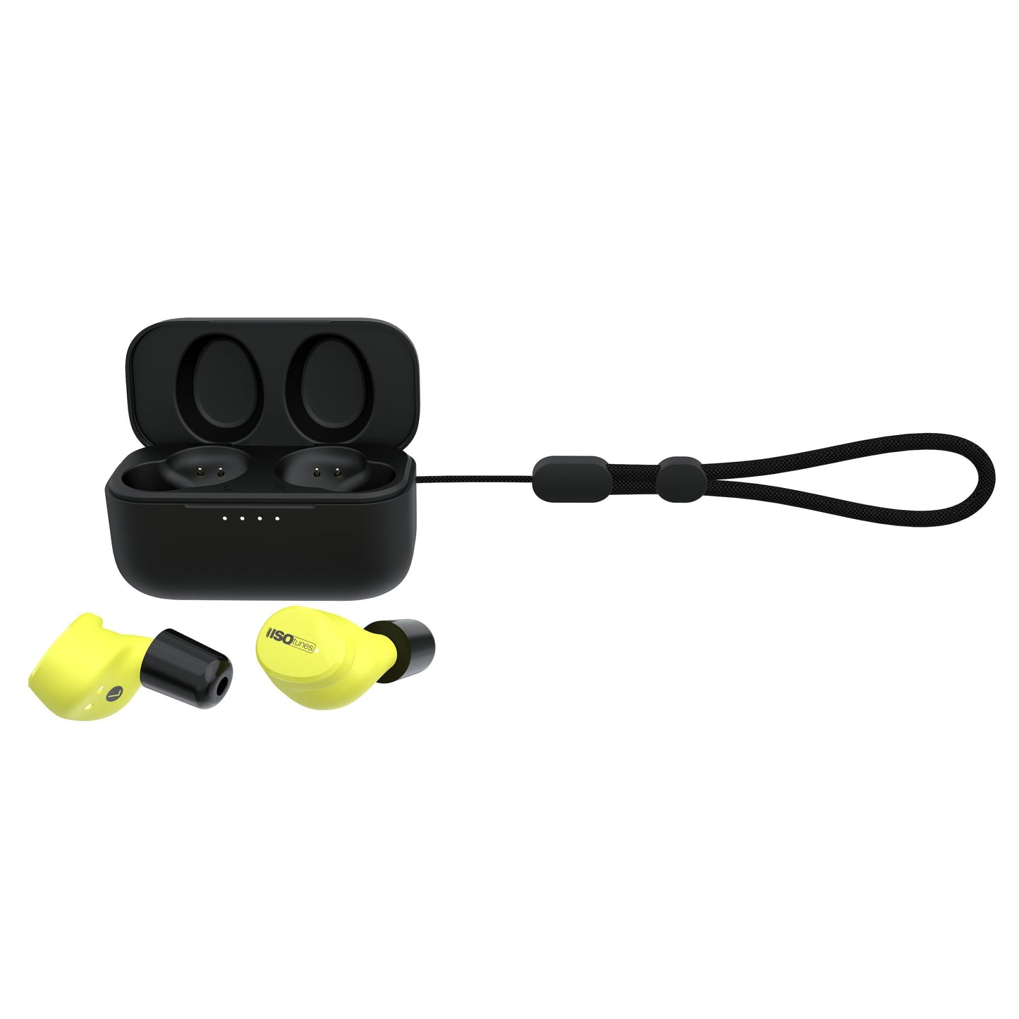 Isotunes Free Aware Bluetooth høreværn gul med sorte detaljer, et ørestykke udenfor åben sort ladeetui med strop.
