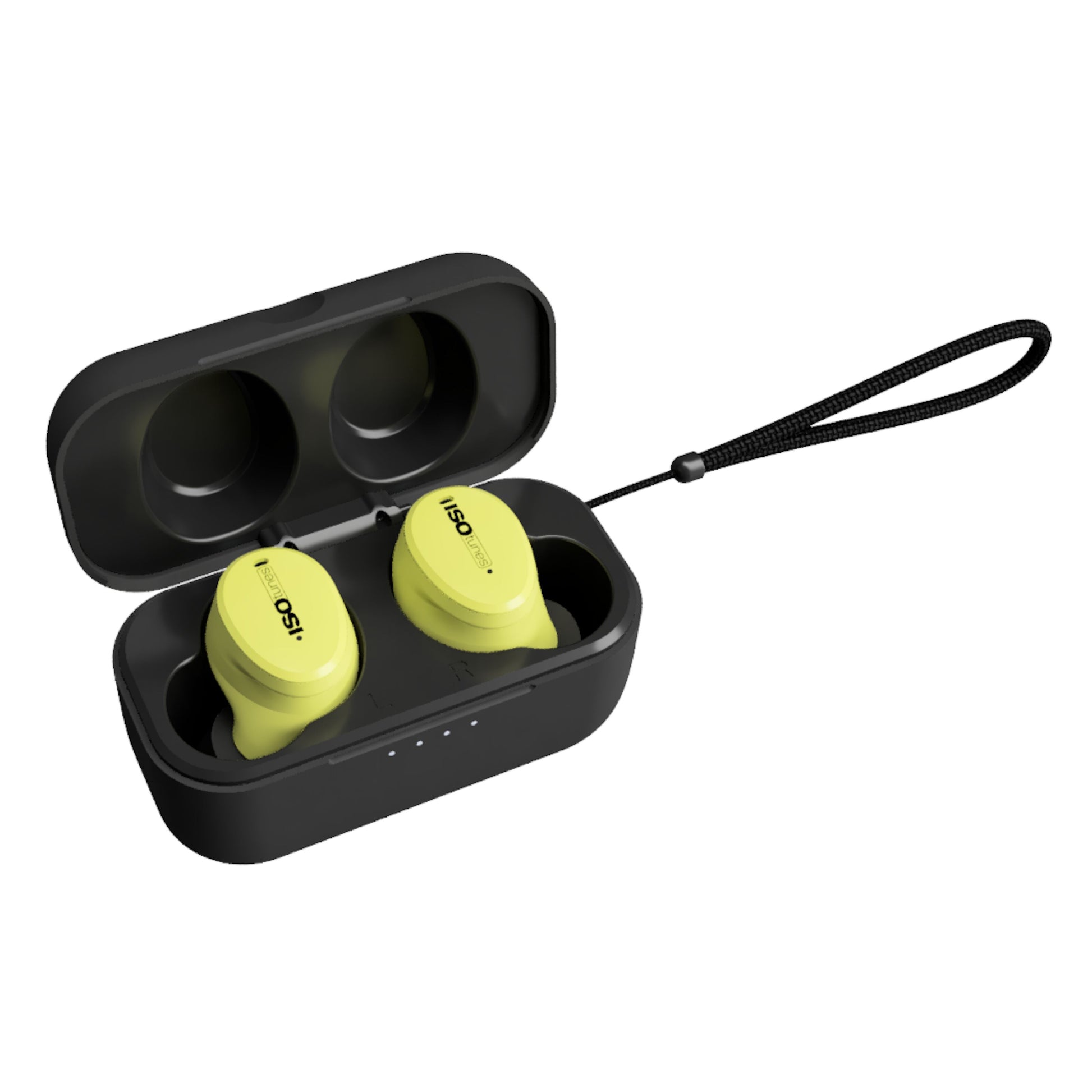 Isotunes Free Aware gule Bluetooth høreværn i åben sort opladningsetui med lille håndledsrem.