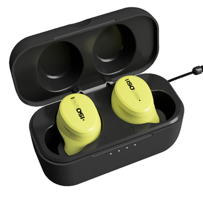 Isotunes Free Aware gule Bluetooth-høreværn i sort opladeetui med to tomme pladser og små indikatorlys foran.