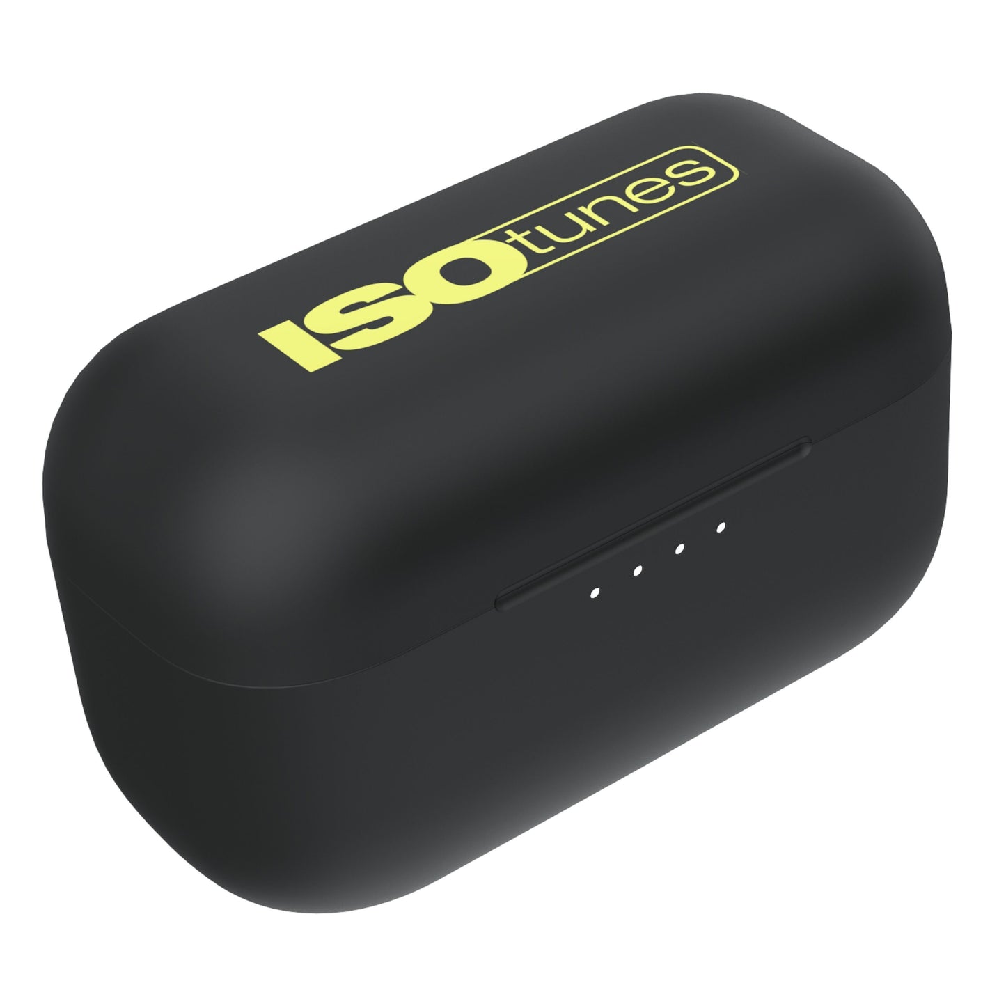 Isotunes Free Aware høreværn med Bluetooth i sort, oval etui med gult Isotunes-logo og fire LED-lys på fronten.