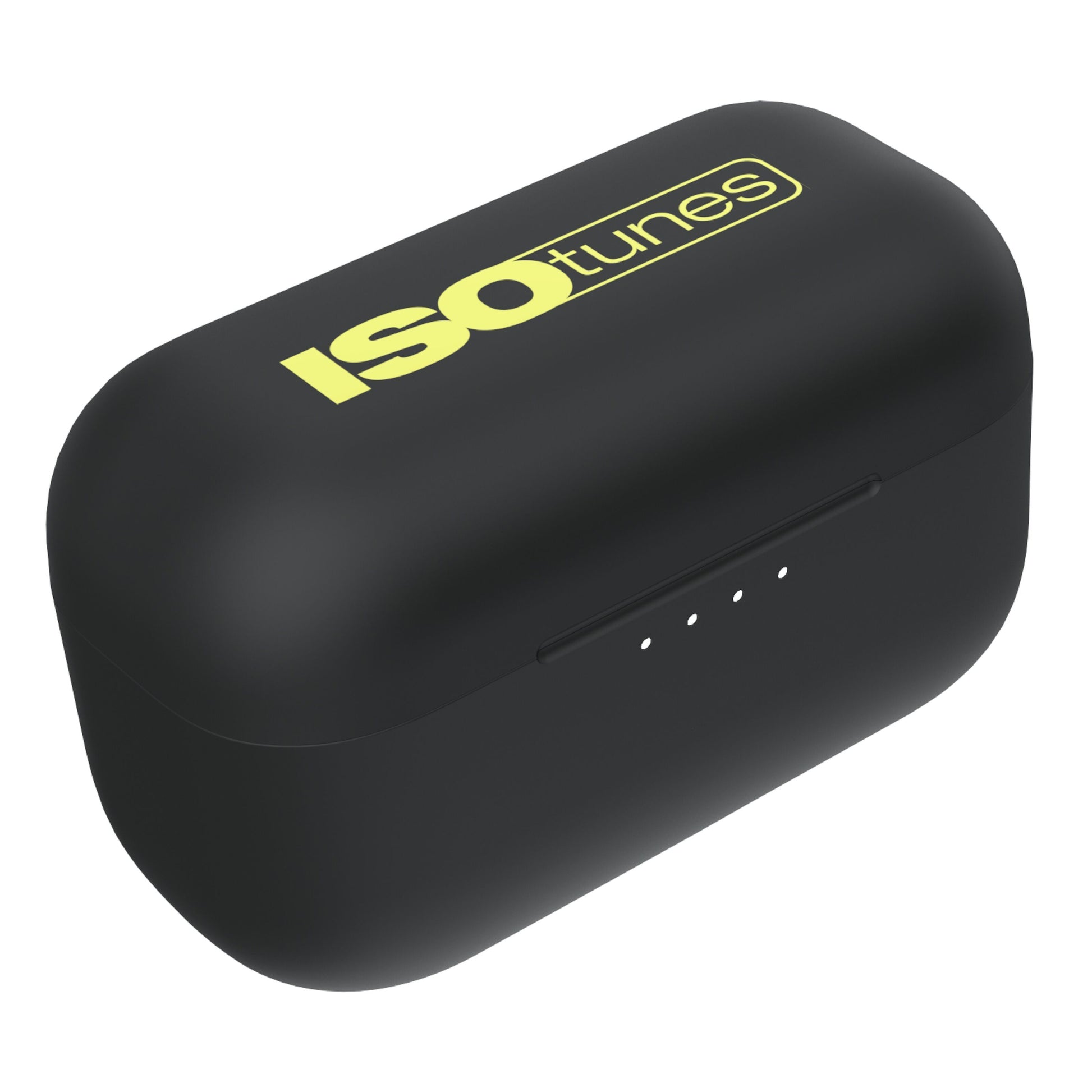 Isotunes Free Aware høreværn med Bluetooth i sort, oval etui med gult Isotunes-logo og fire LED-lys på fronten.