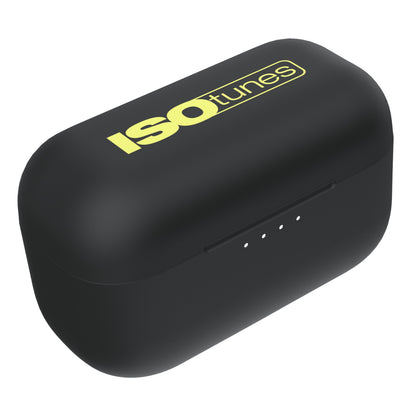Isotunes Free Aware høreværn med Bluetooth i sort, oval etui med gult Isotunes-logo og fire LED-lys på fronten.