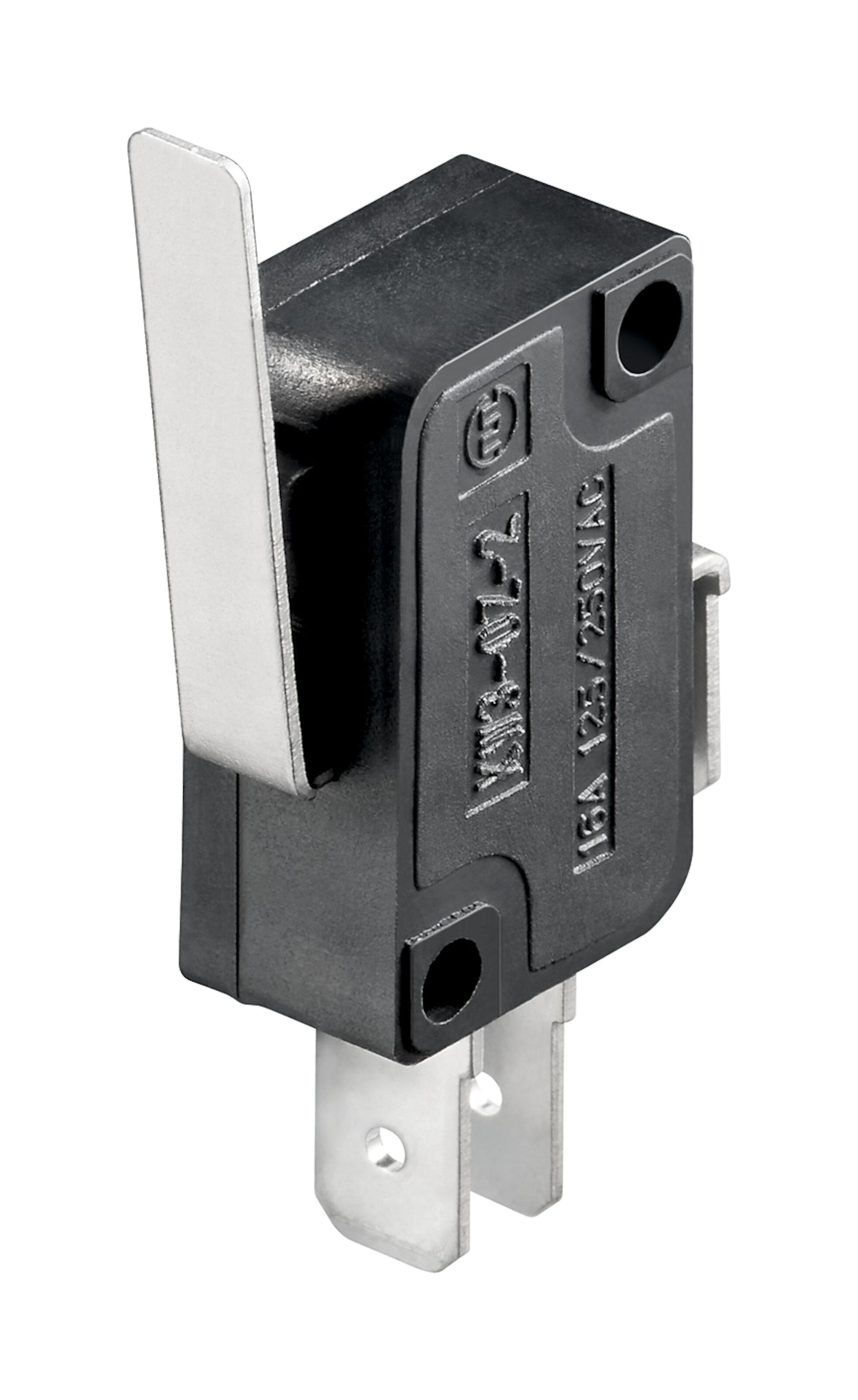 Mikroafbryder 1-polet med sort arm, sølv fjederarm, metalterminaler, mærket 15A 125/250VAC.