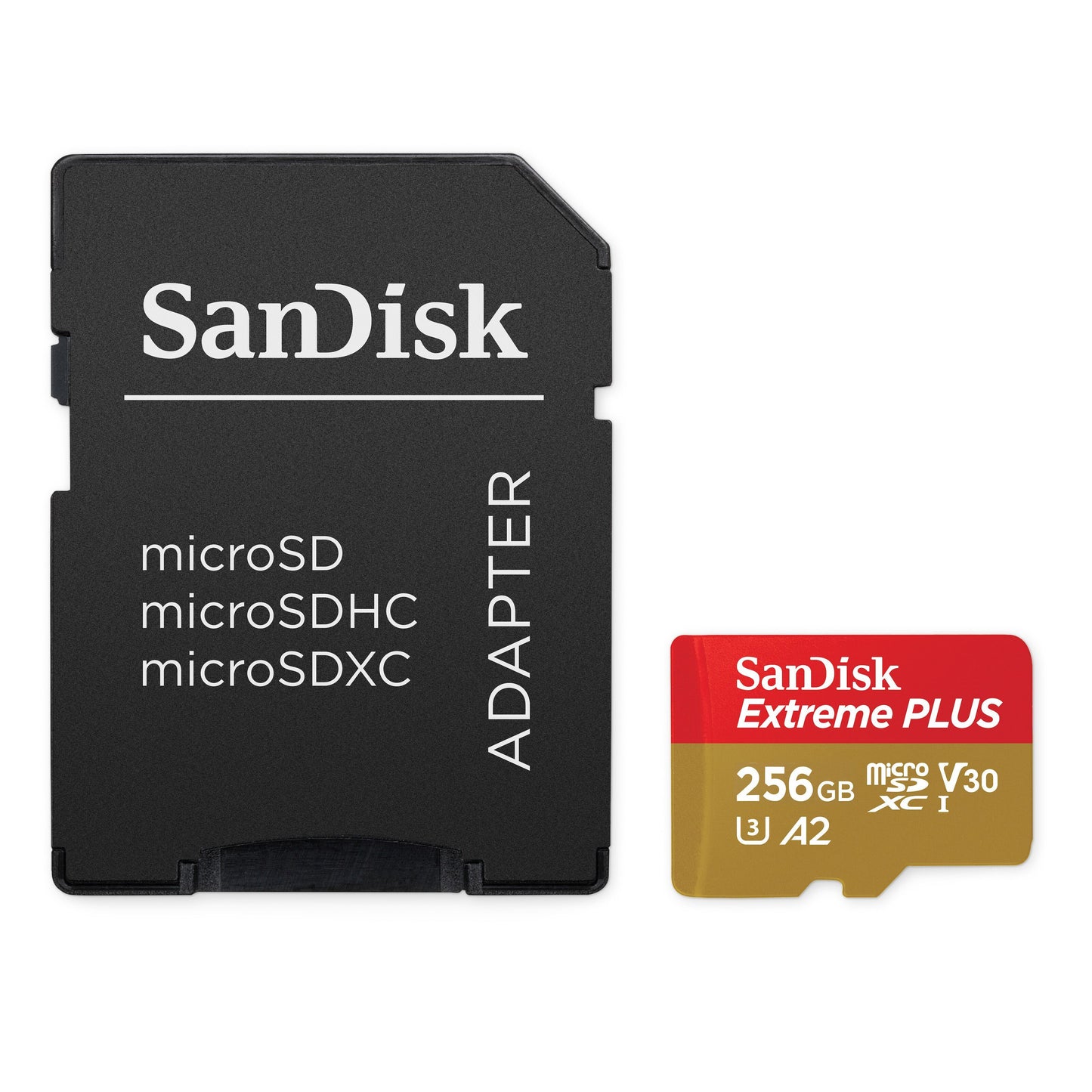 SanDisk Extreme Plus MicroSD-adapter til venstre, 256GB SanDisk Extreme Plus MicroSD-kort til højre.