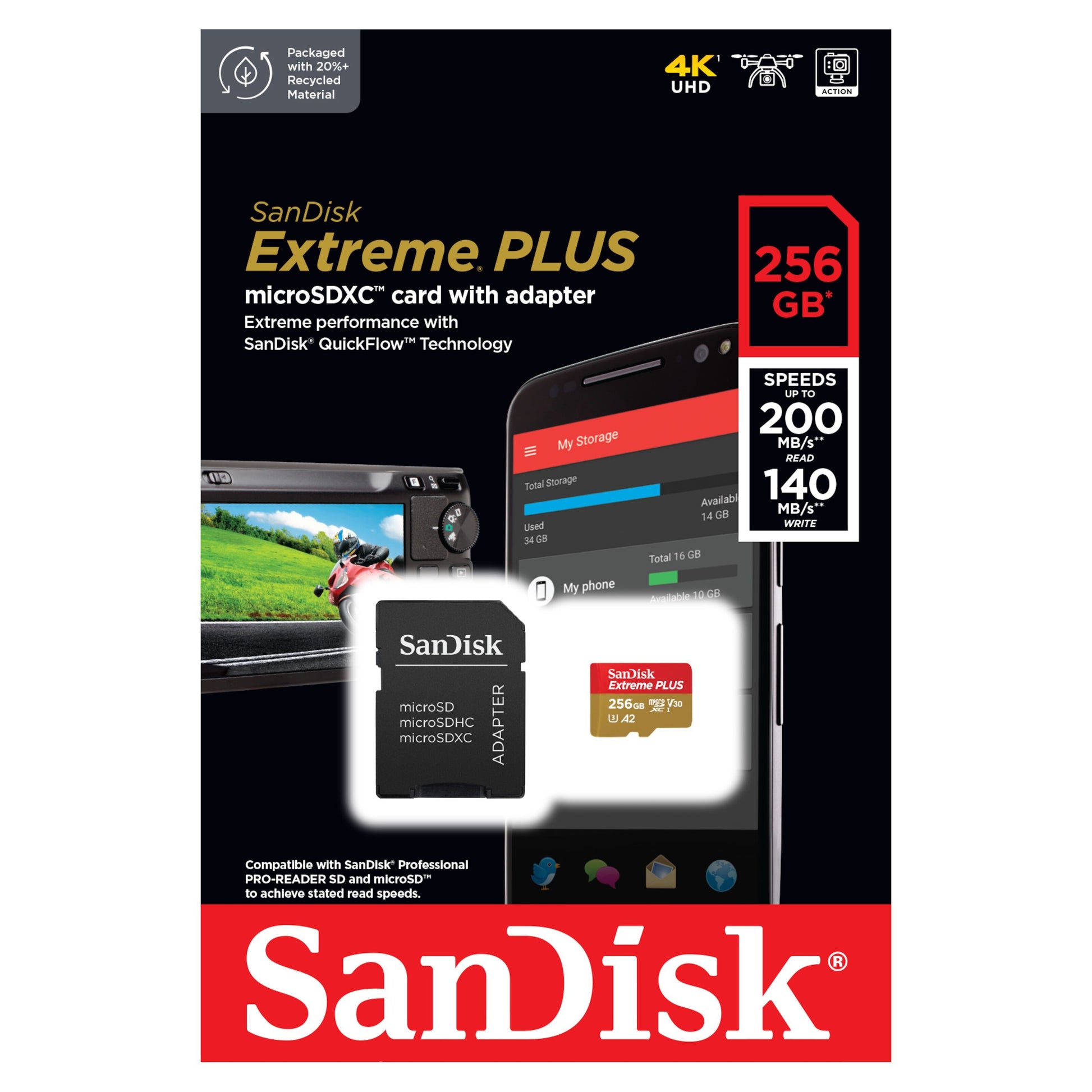 Sandisk Extreme Plus MicroSD-kort 256GB med adapter, op til 200MB/s læs og 140MB/s skriv, retail emballage.