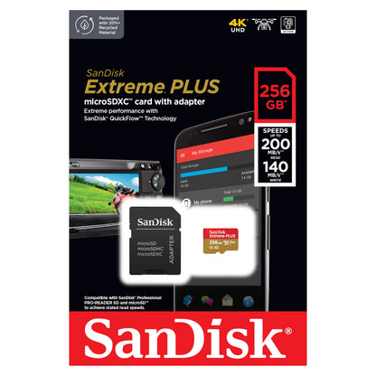 Sandisk Extreme Plus MicroSD-kort 256GB med adapter, op til 200MB/s læs og 140MB/s skriv, retail emballage.