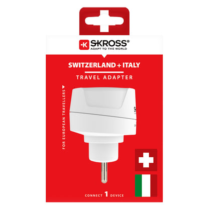 Skross rejseadapter Schweiz Italien Brasilien rød æske, stikprop C F, schweizisk og italiensk flag, delvis adapter.