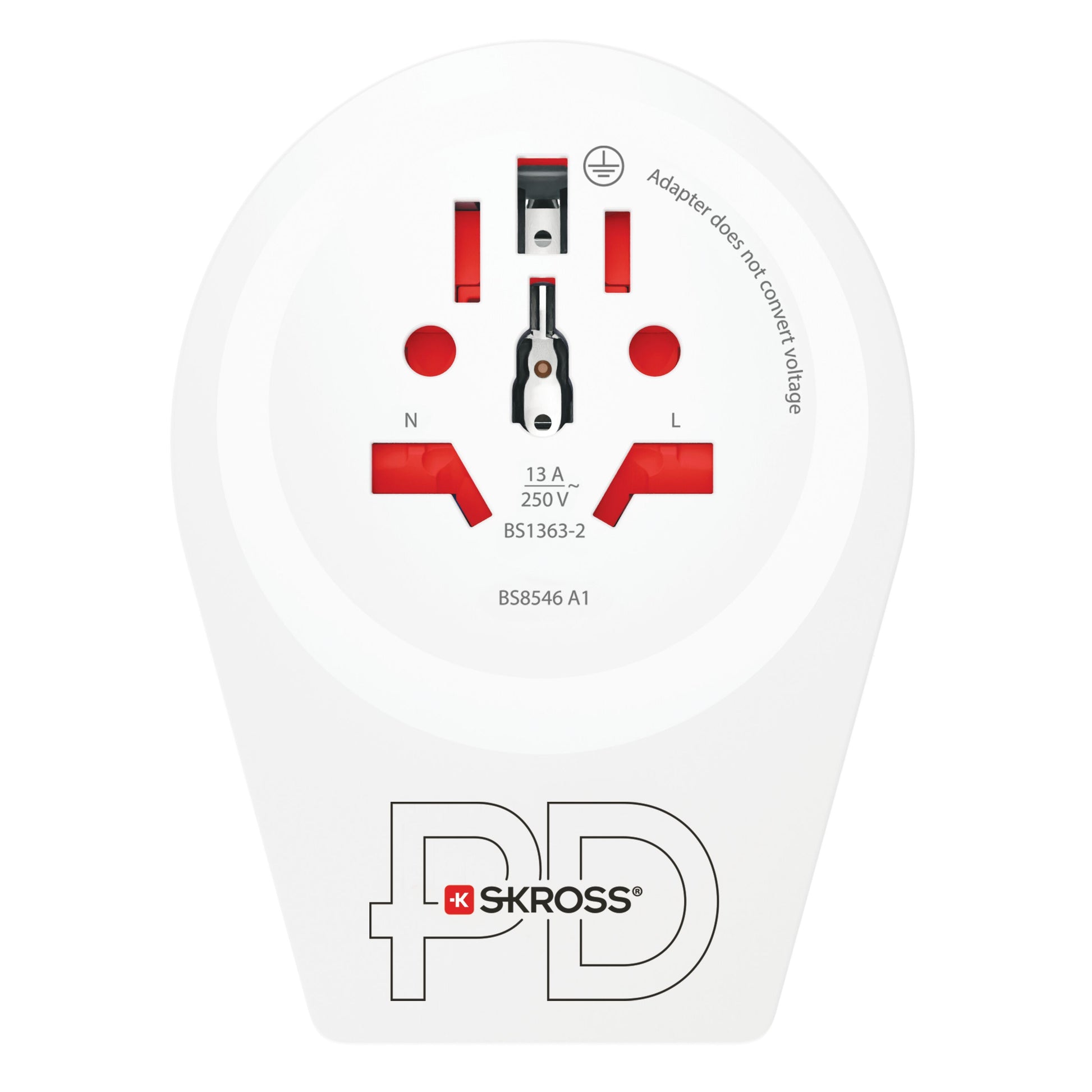 Skross rejseadapter PD Universal til Danmark, jordet, flere stikmuligheder, 13A/250V BS1363-2, PD, SKROSS logo.