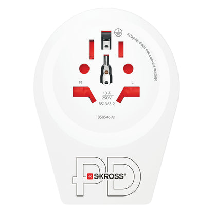 Skross rejseadapter PD Universal til Danmark, jordet, flere stikmuligheder, 13A/250V BS1363-2, PD, SKROSS logo.