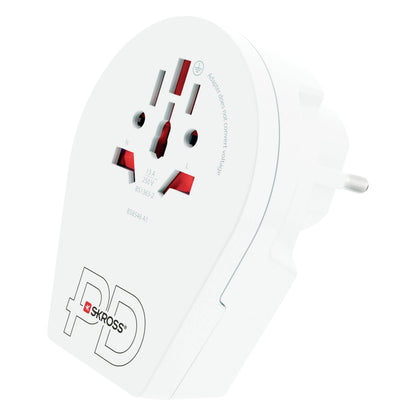 Skross Jordet rejseadapter PD Universal til Danmark med flere stik, to metalben og Skross-logo på fronten.