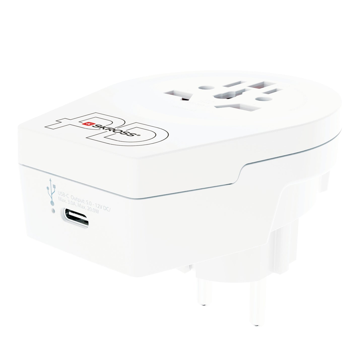 Skross jordet rejseadapter Universal PD til Danmark, USB-C port, flere stikmuligheder, to runde ben, logo på toppen.
