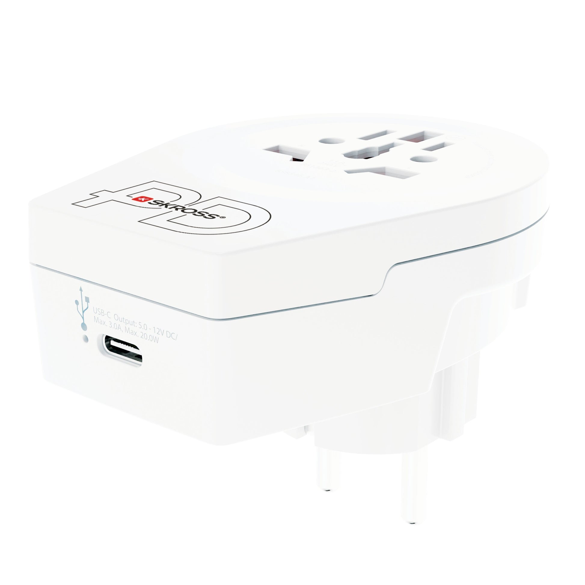 Skross jordet rejseadapter Universal PD til Danmark, USB-C port, flere stikmuligheder, to runde ben, logo på toppen.