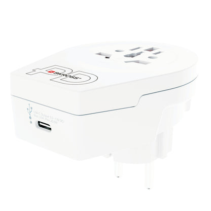 Skross jordet rejseadapter Universal PD til Danmark, USB-C port, flere stikmuligheder, to runde ben, logo på toppen.