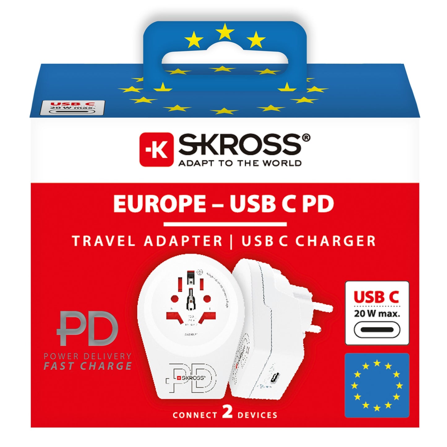 Skross Jordet rejseadapter PD Universal til Danmark i emballage med EU-flag, power delivery, USB-C og hurtig opladning.