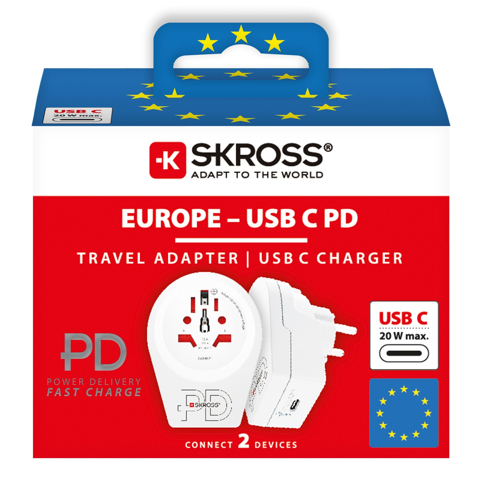 Skross Jordet rejseadapter PD Universal til Danmark i emballage med EU-flag, power delivery, USB-C og hurtig opladning.