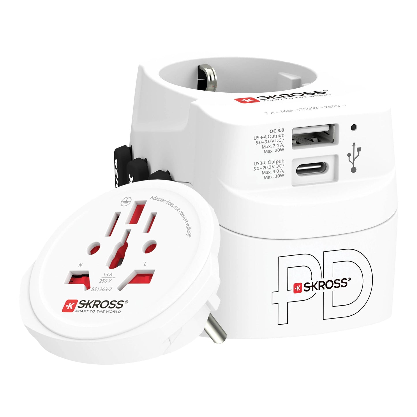 Skross Universal rejseadapter med jord, USB-port og flere stiktyper.