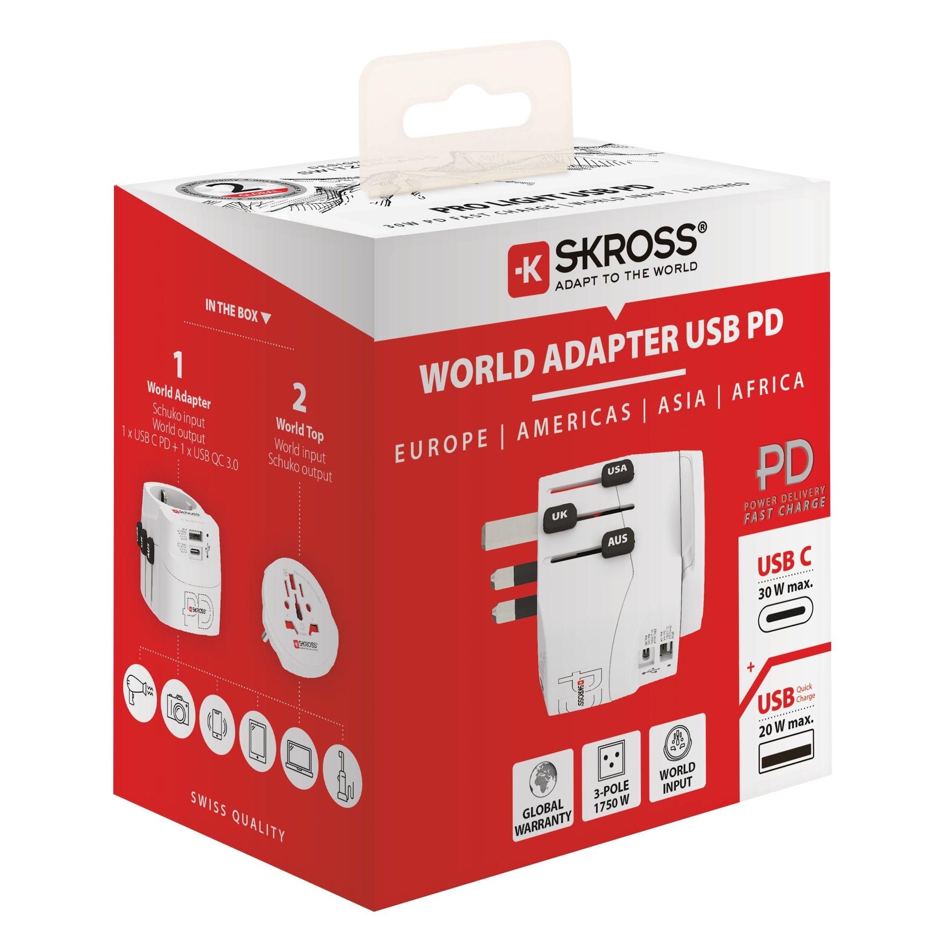Skross Universal rejseadapter med USB-C og USB-A porte, kompatibel i Europa, Amerika, Asien og Afrika, model Jordet.