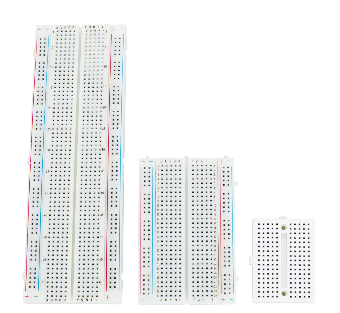 Luxorparts sæt med 3 hvide loddefri breadboards i forskellige størrelser, huller i gitter og markerede rækker.