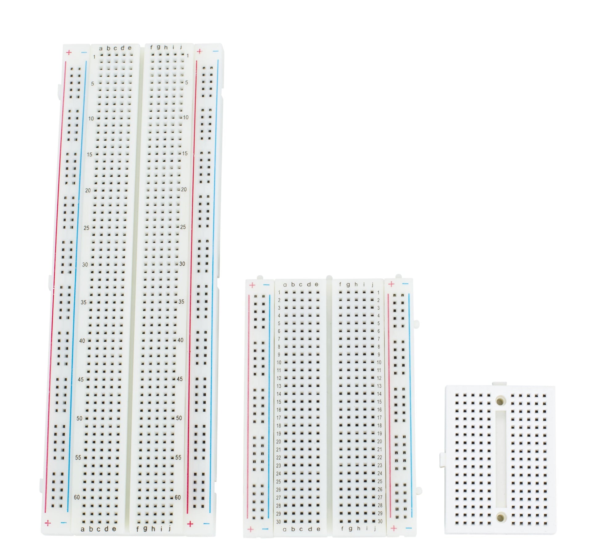 Luxorparts sæt med 3 hvide loddefri breadboards i forskellige størrelser, huller i gitter og markerede rækker.