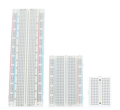 Luxorparts sæt med 3 hvide loddefri breadboards i forskellige størrelser, huller i gitter og markerede rækker.