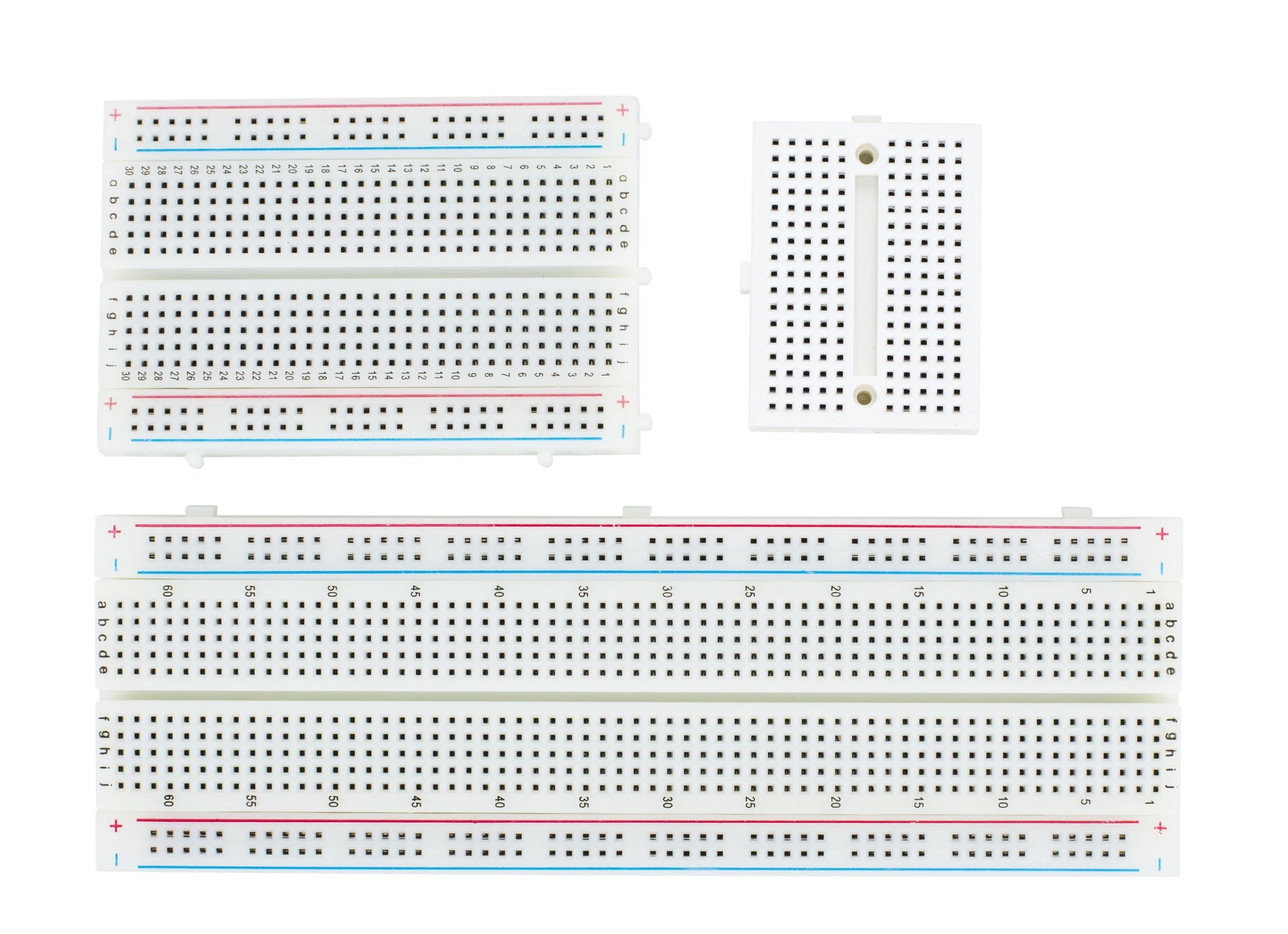 Sæt med 3 breadboards i forskellige størrelser, rækker af huller og tydeligt markerede strømskinner til loddefri tilslutning.