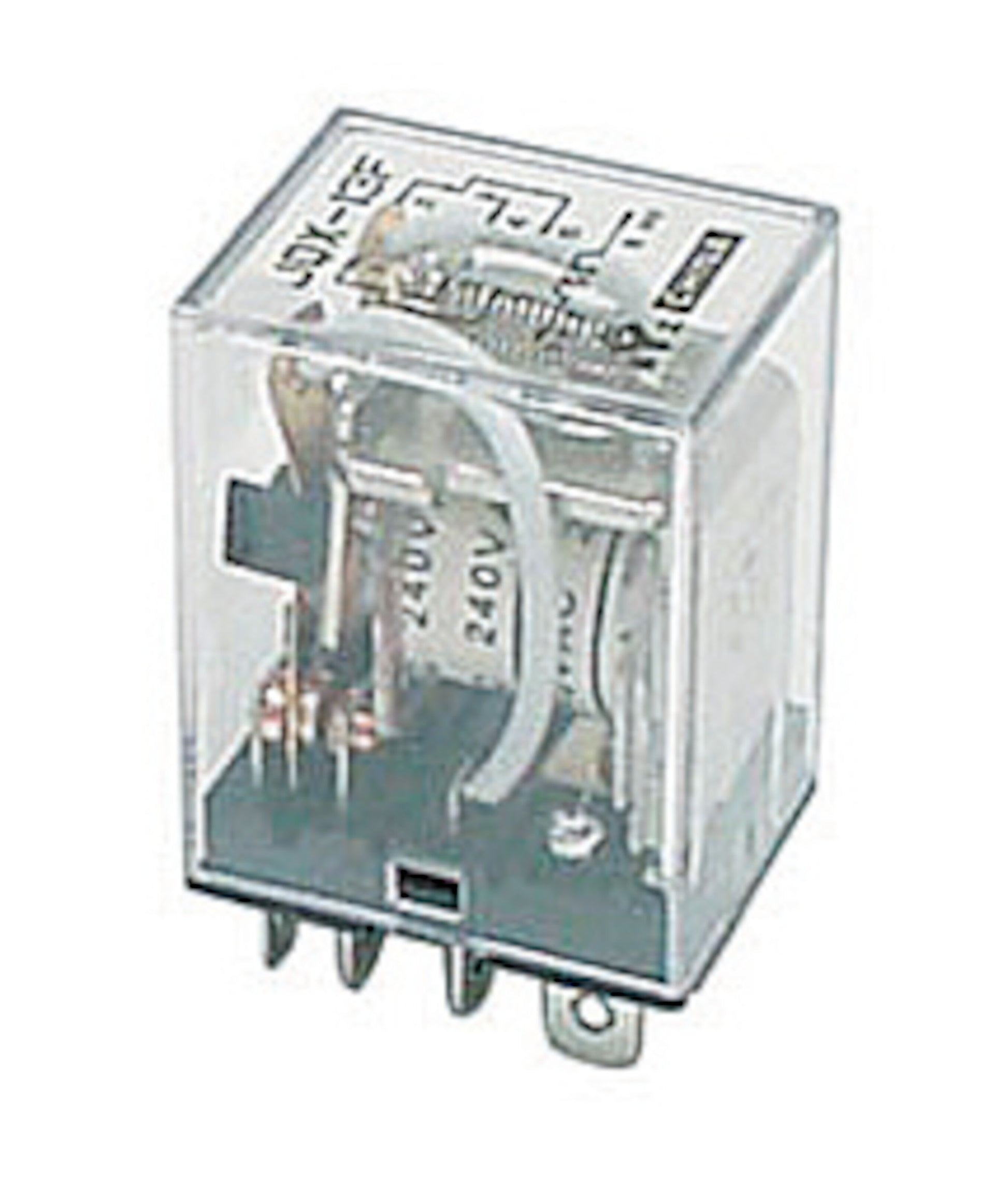 Velleman 2-polet relæ med klar plastkapsling, synlig spole, metalben og label: 12 V DC, 10 A/250 V.