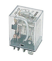 Velleman 2-polet relæ med klar plastkapsling, synlig spole, metalben og label: 12 V DC, 10 A/250 V.