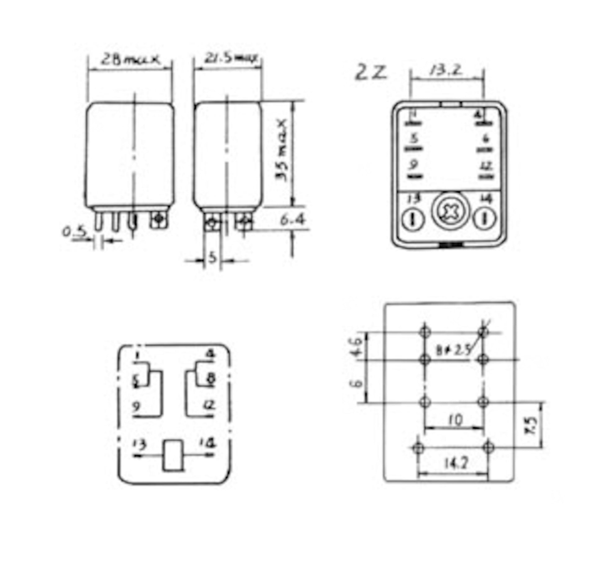 2-polet relæ 240 V AC 10 A/250 V i teknisk tegning, vises forfra, fra siden og oven, mål 28x35x13,2 mm, pinlayout 1-14.