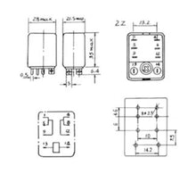 2-polet relæ 240 V AC 10 A/250 V i teknisk tegning, vises forfra, fra siden og oven, mål 28x35x13,2 mm, pinlayout 1-14.