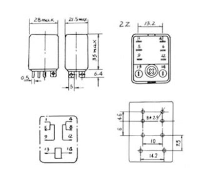 2-polet relæ 240 V AC 10 A/250 V i teknisk tegning, vises forfra, fra siden og oven, mål 28x35x13,2 mm, pinlayout 1-14.