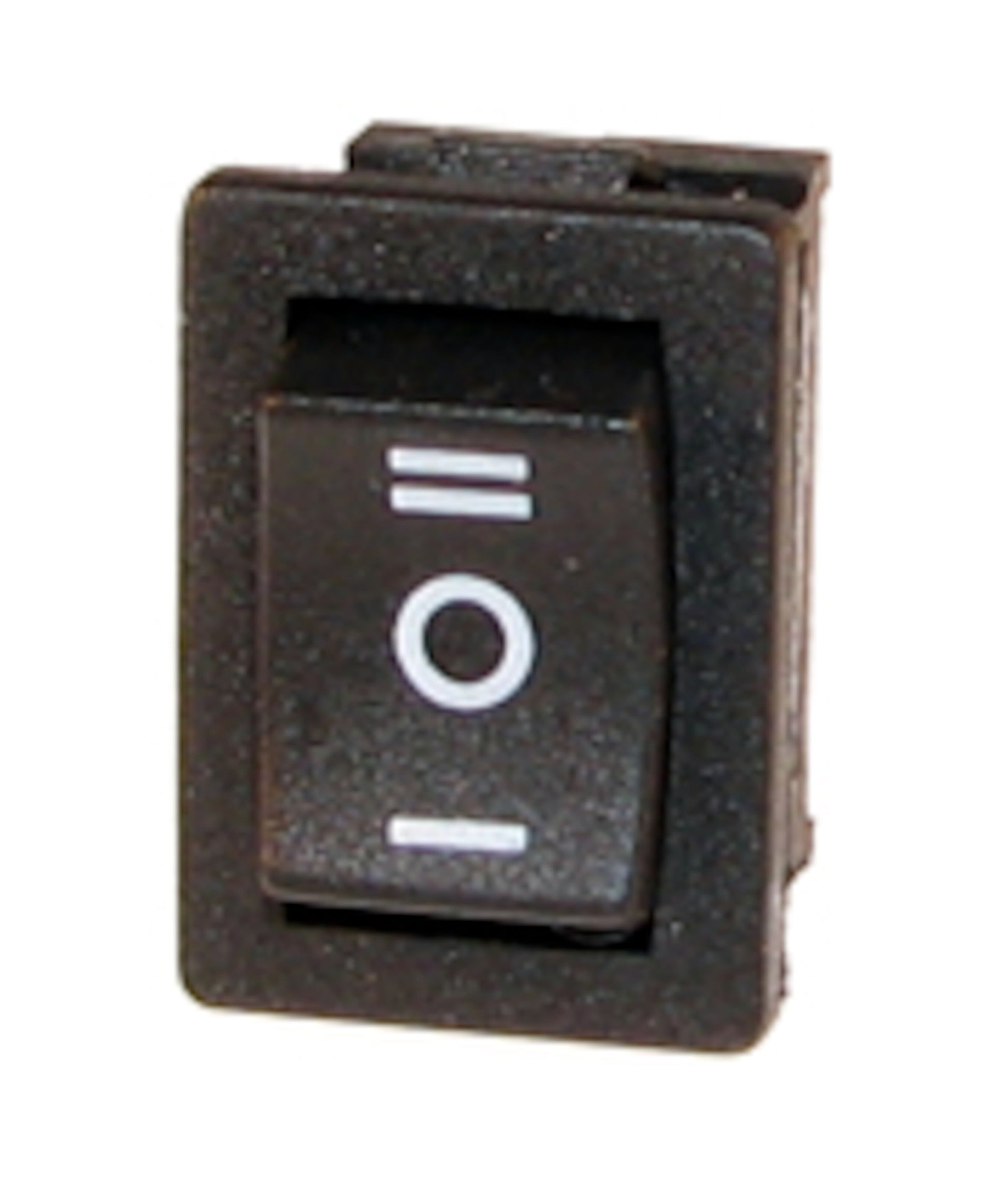 Kontaktknap 1-polet on/off/on vippekontakt, sorteret med hvide on/off-symboler (cirkel og to streger), til panelmontering.