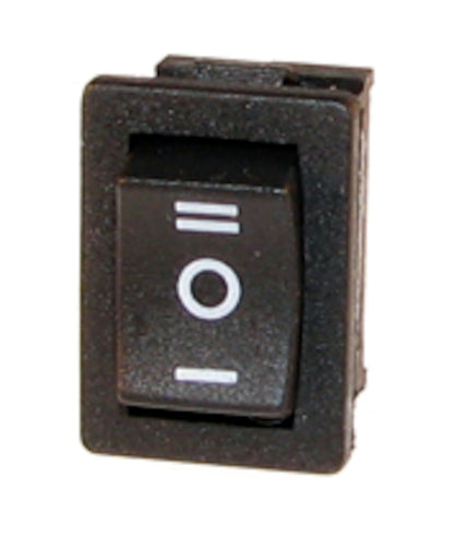 Kontaktknap 1-polet on/off/on vippekontakt, sorteret med hvide on/off-symboler (cirkel og to streger), til panelmontering.