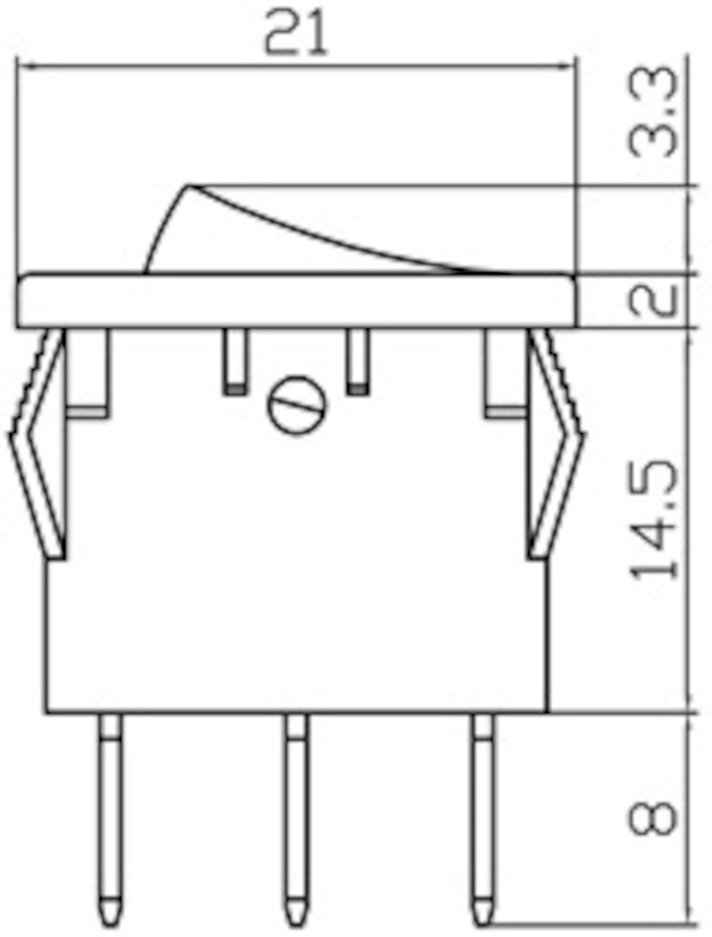 Kontaktknap 1-polet on/off/on vippetryk, panelmontering, 21 mm bredde, 3,3 mm top, 2 mm krop, 14,5 mm høj, tre ben.