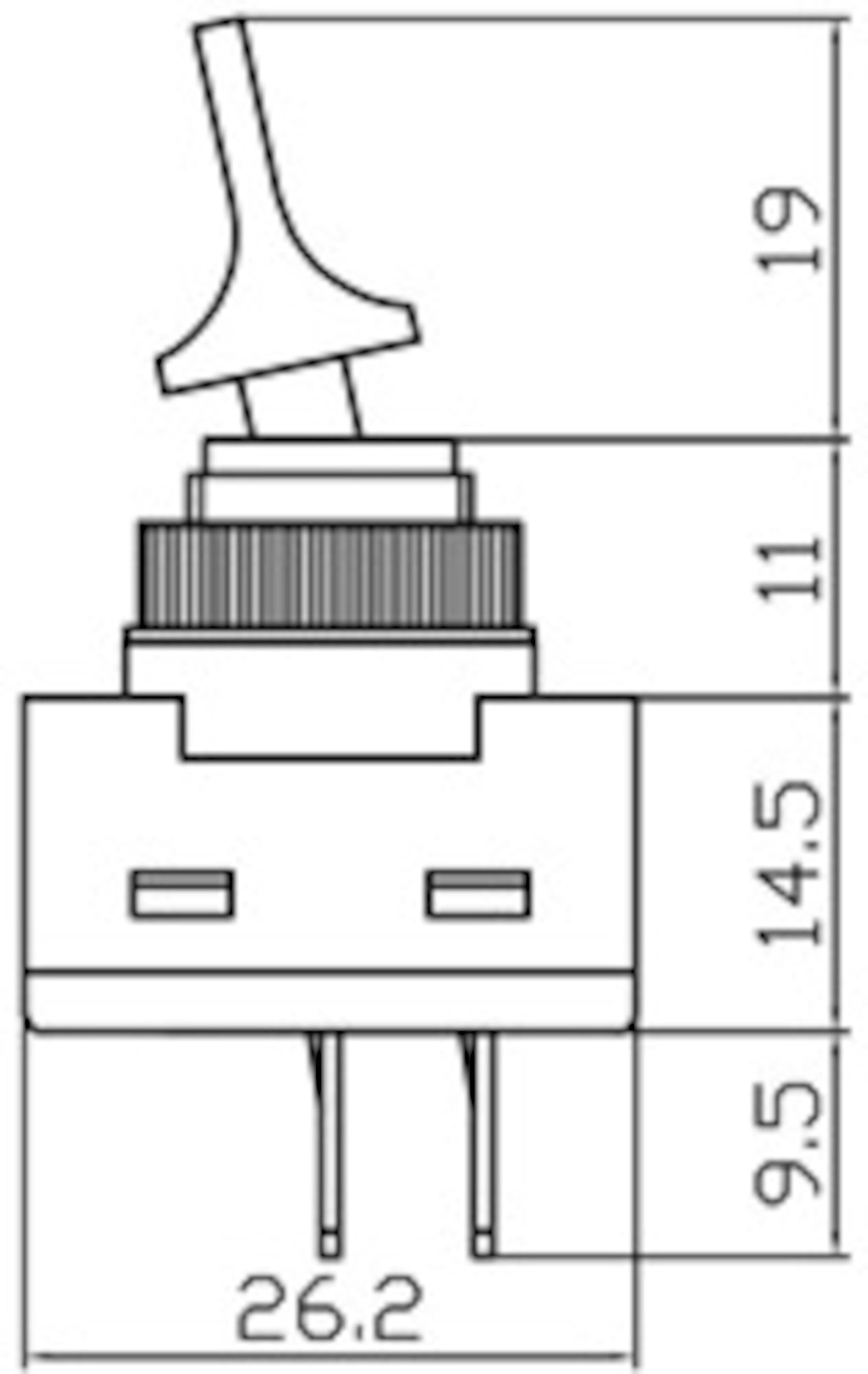 Teknisk tegning af 1-polet vippeskiftekontakt til panelmontage, mål: 19 mm greb, 11 mm gevind, 14,5 mm krop, 9,5 mm ben.