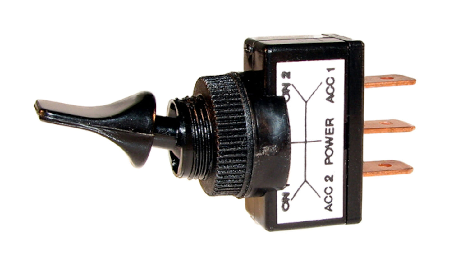 Nelco 1-polet sort vippeskifter on/off/on, 12V, lever-greb, tre kobberterminaler, diagrametiket med ON, ACC og POWER.