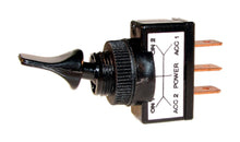Nelco 1-polet sort vippeskifter on/off/on, 12V, lever-greb, tre kobberterminaler, diagrametiket med ON, ACC og POWER.