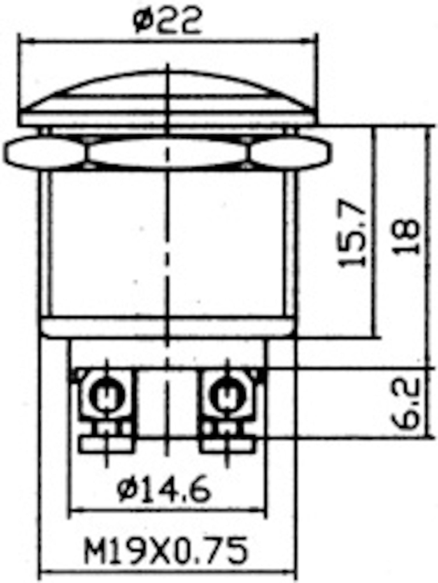 1-polet afbryder ø22mm trykknap, 15.7mm dybde, 18mm højde, hul ø14.6mm, M19x0.75 gevind til panelmontage.