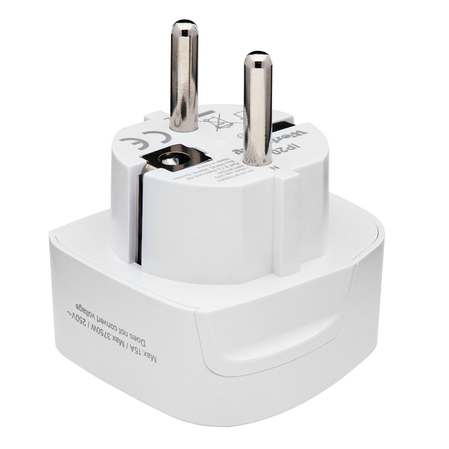 Jordet universal rejseadapter til Danmark, hvid, to runde metalben, mærkede specifikationer, EU-stik.