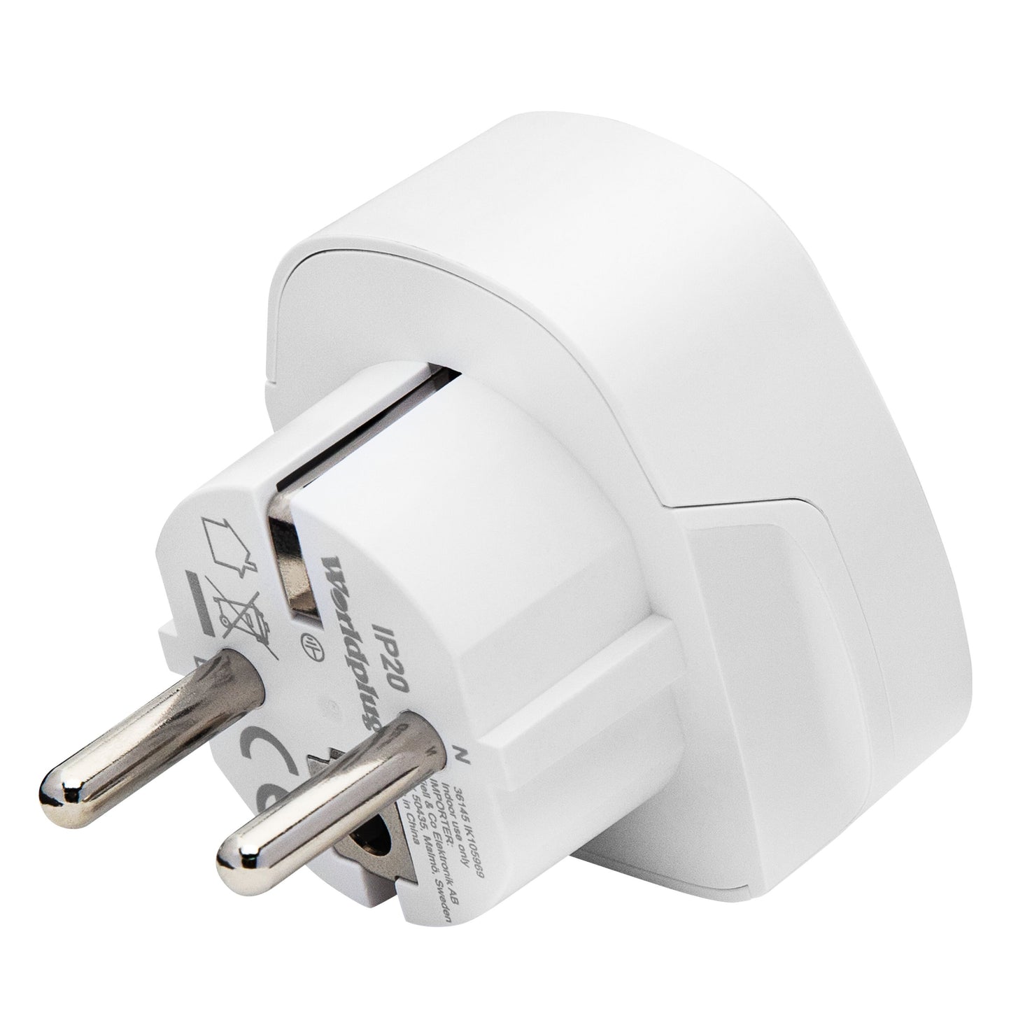 Luxorparts Jordet rejseadapter Universal til Danmark med to runde ben og synlige specifikationer.