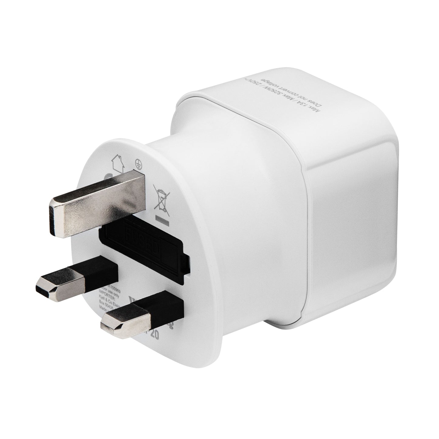 Jordet UK rejseadapter med metalben, sort stikindsats og kompakt rektangulært design til Storbritannien og Hongkong.