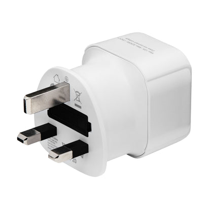 Jordet UK rejseadapter med metalben, sort stikindsats og kompakt rektangulært design til Storbritannien og Hongkong.