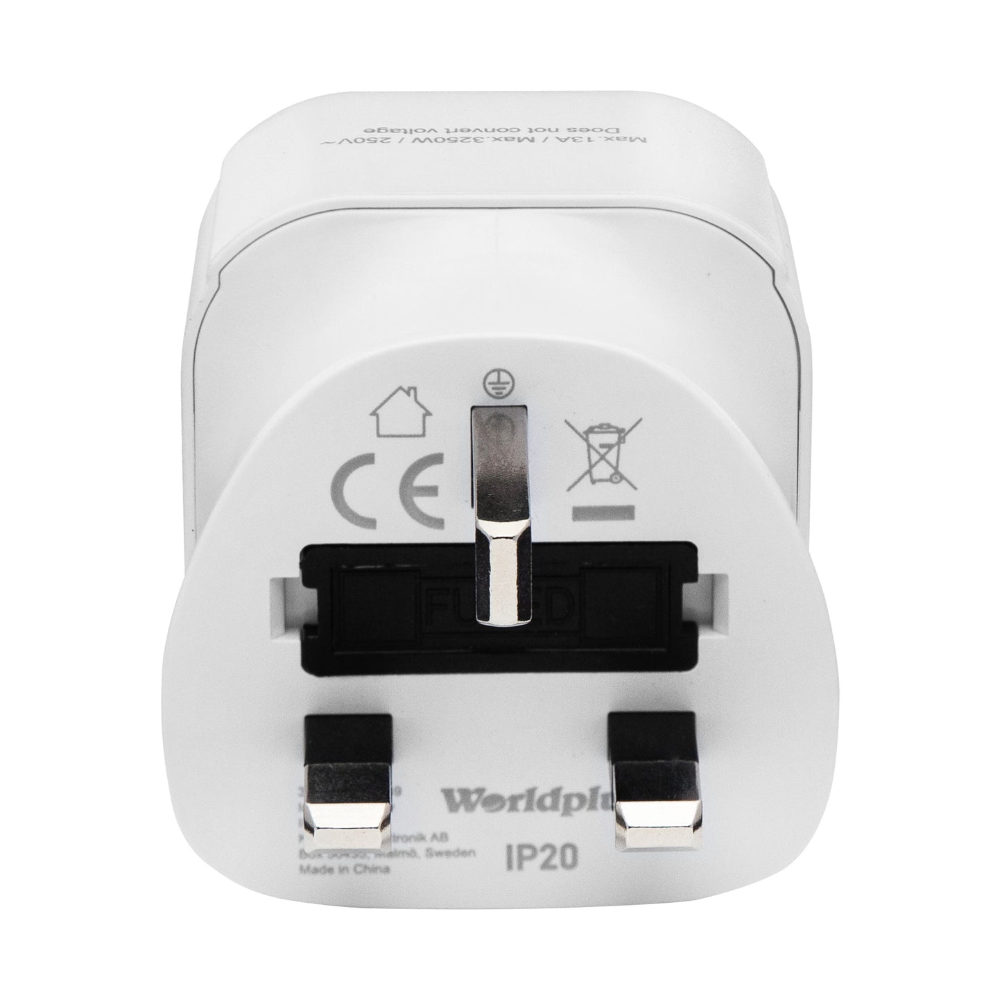 Jordet rejseadapter UK CE-mærkning Worldplug IP20 til Hongkong og Storbritannien max 13A 3250W 250V konverterer ikke spænding.