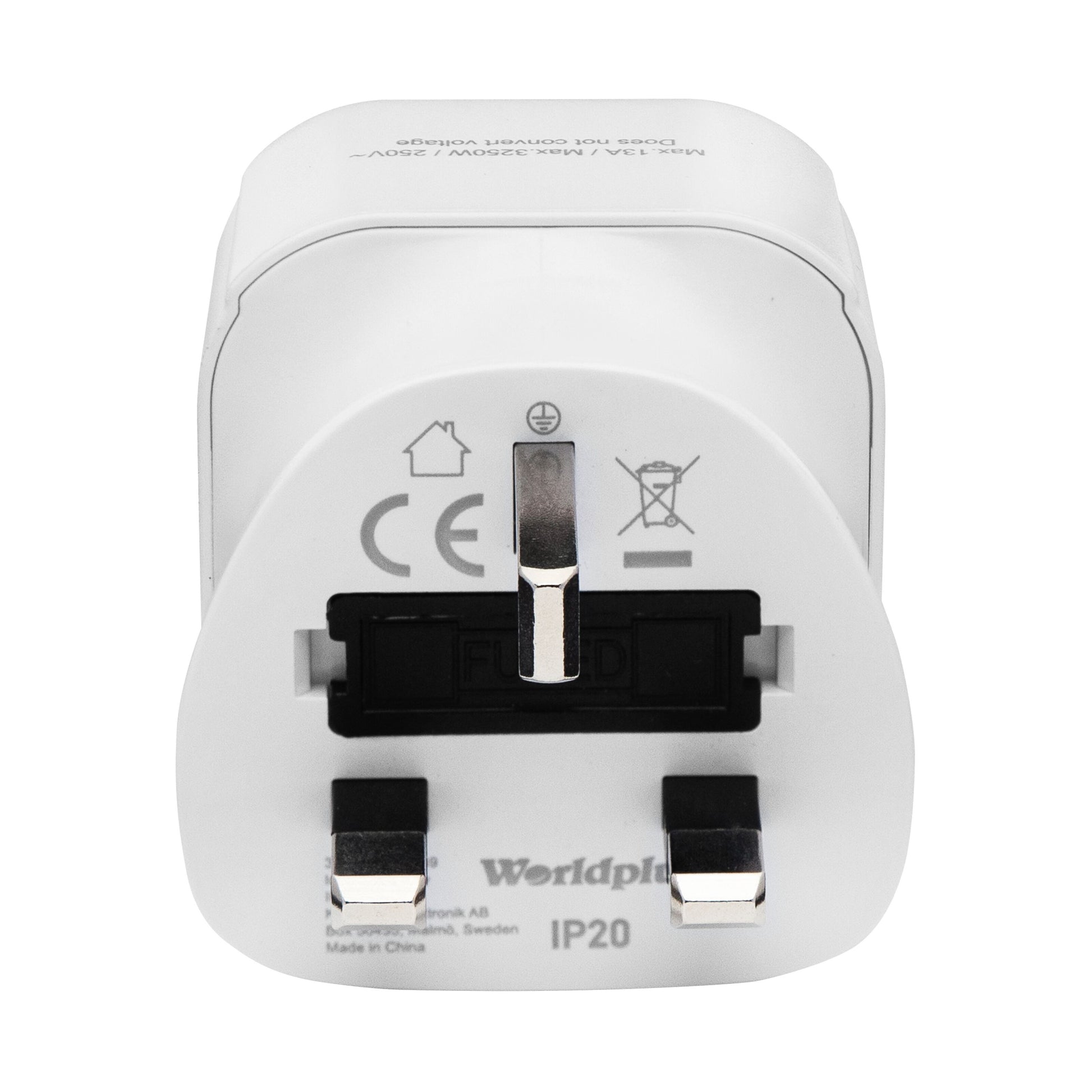 Jordet rejseadapter UK CE-mærkning Worldplug IP20 til Hongkong og Storbritannien max 13A 3250W 250V konverterer ikke spænding.